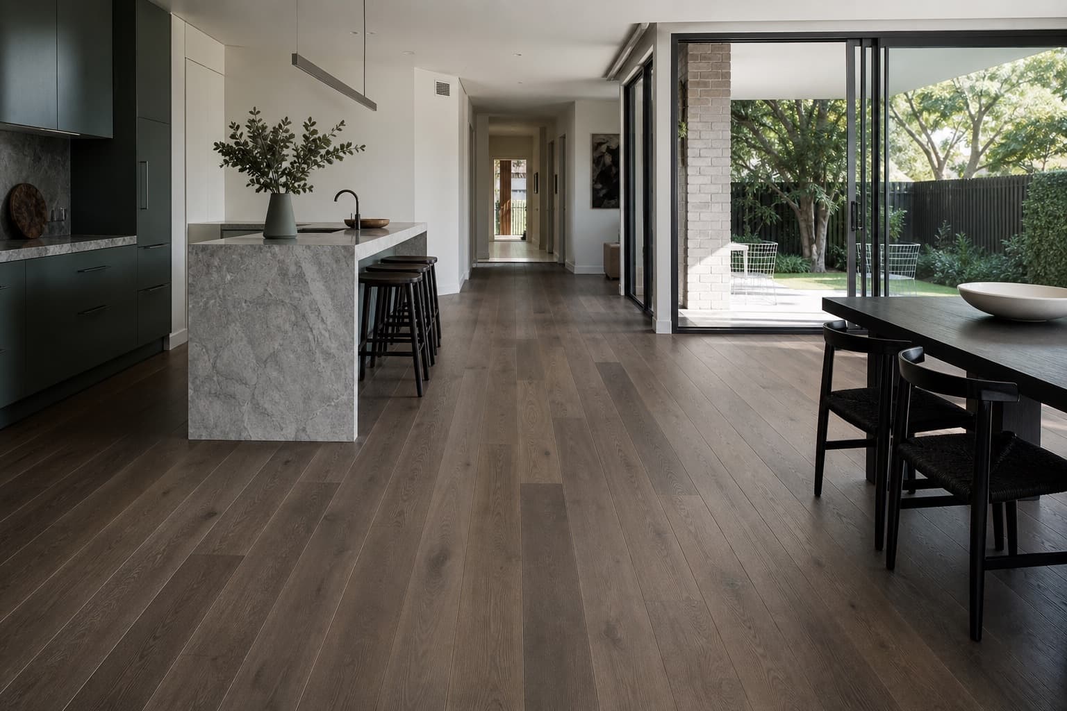 Generated concept of wide-plank smoked oak flooring in a residential renovation, not a completed Alpine Woods Flooring project
