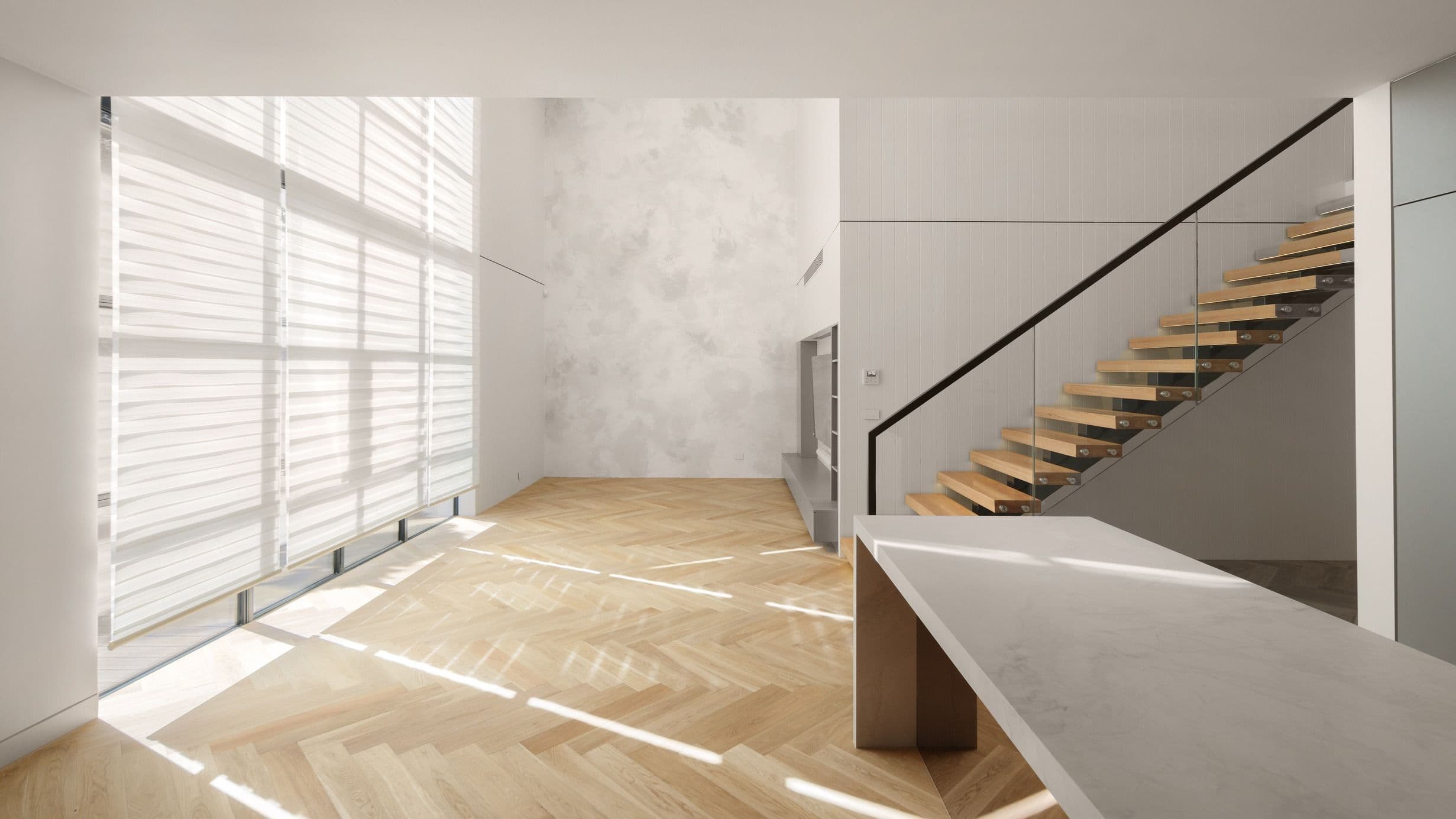 Natural Oak herringbone flooring in a Kew living room with fireplace and staircase.