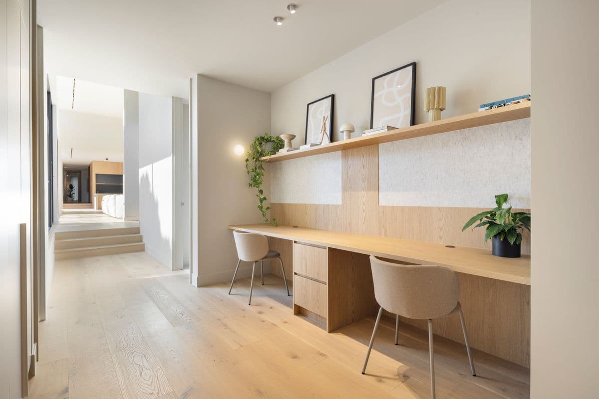 Straight-plank Avoca Bay oak flooring connecting a Kew hallway and home office.