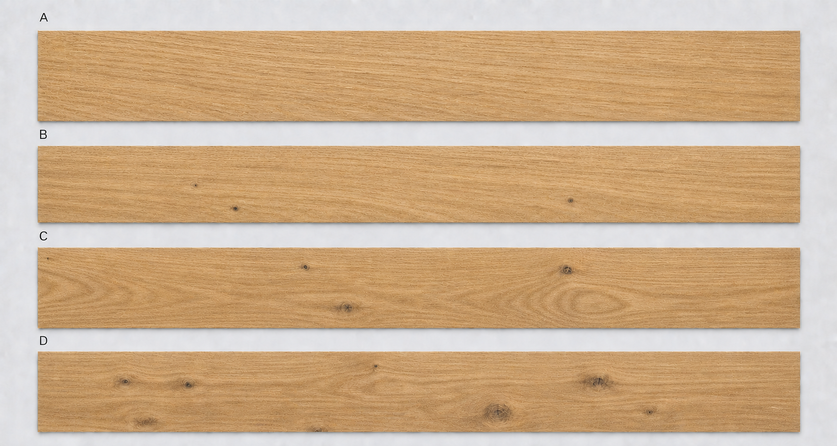 European oak plank comparison showing individual A, B, C and D character grades