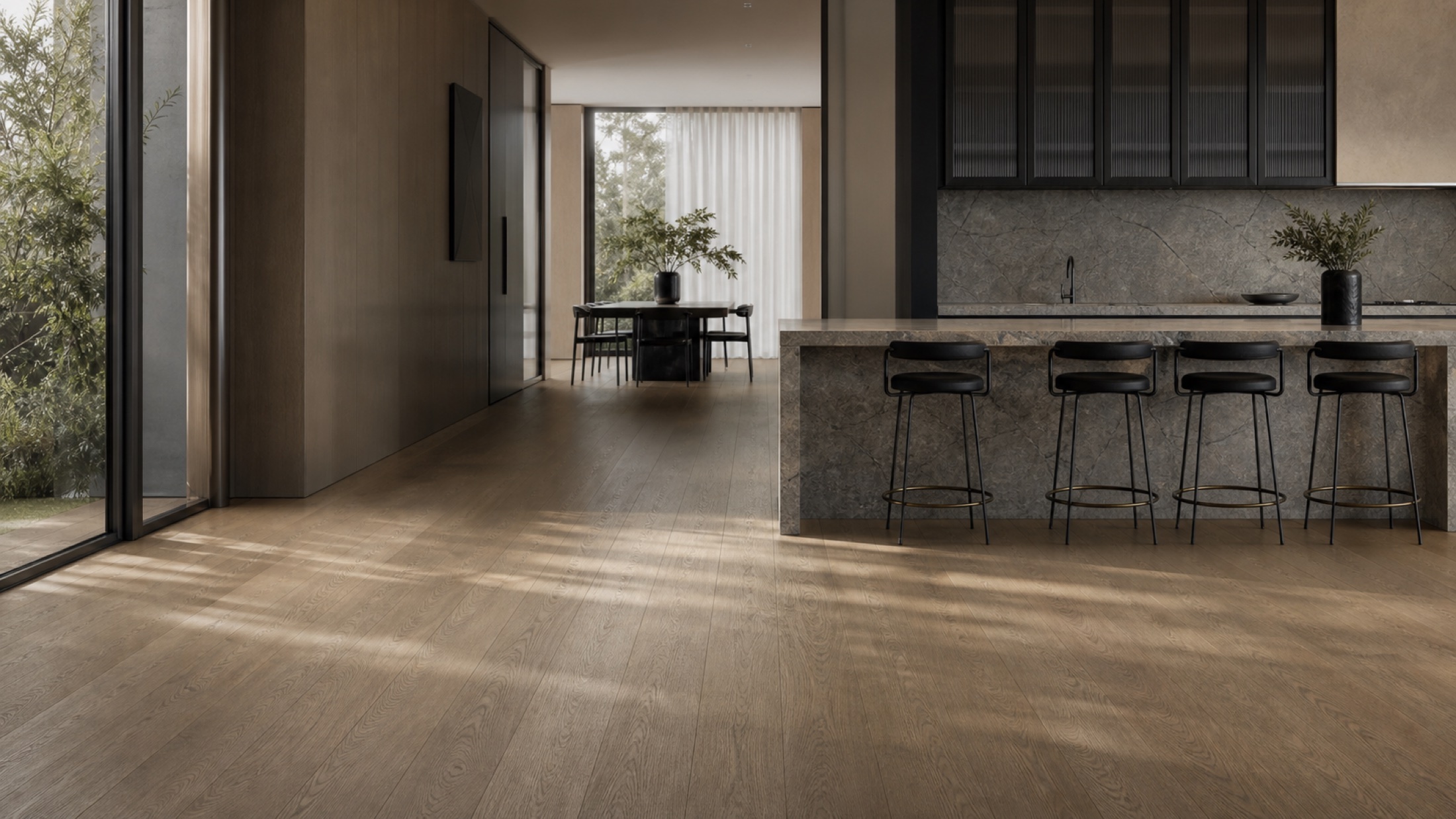Contemporary residential interior with timber flooring