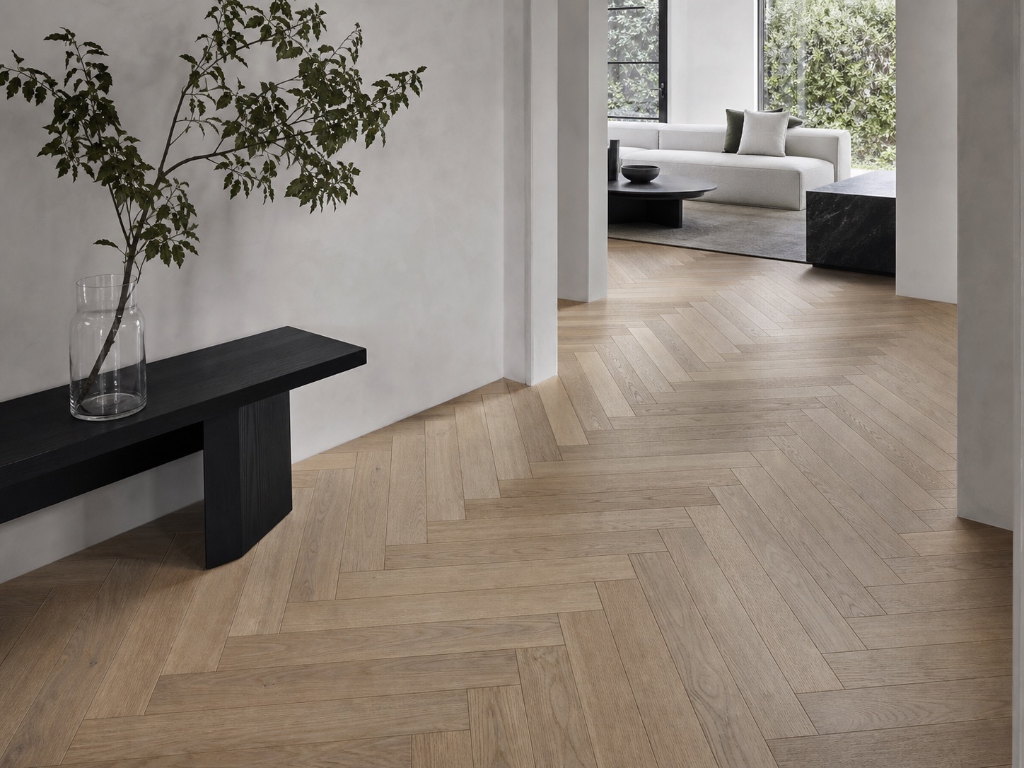 Concept image showing a herringbone timber floor layout in a contemporary interior