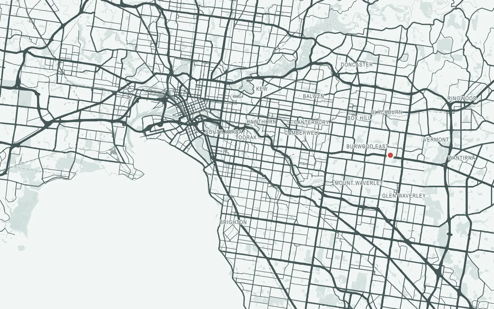 Detailed grey-green map of Melbourne's eastern suburbs marking Alpine Woods Flooring at 11 Ruby Street, Burwood East